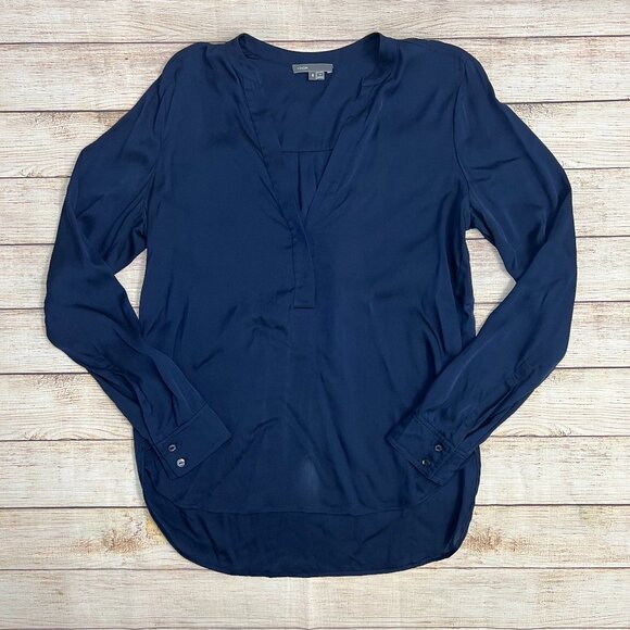 Vince Navy Blue Silk Blouse Size 8 Long Sleeve Pullover V-Neck Button Cuff Top - Picture 1 of 11